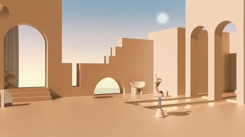Imaginary fictional architecture, dreamlike empty space, design of exterior t Illustrazione stock
