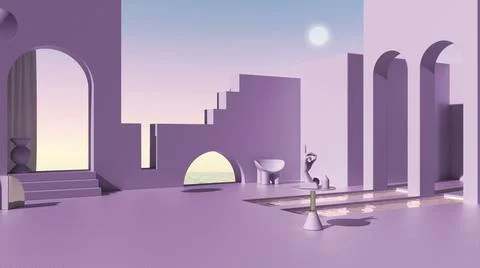 Imaginary fictional architecture, dreamlike empty space, design of exterior t Stock Illustration