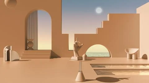Imaginary fictional architecture, dreamlike empty space, design of exterior t Stock Illustration
