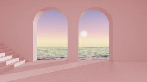 Imaginary fictional architecture, interior design of empty space with arched  Stock Illustration