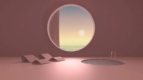 Imaginary fictional architecture, interior design of empty space with round w Stock Illustration