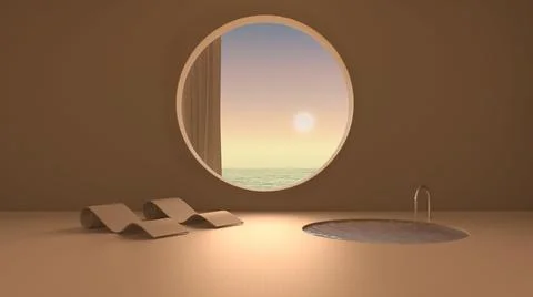 Imaginary fictional architecture, interior design of empty space with round w Stock Illustration