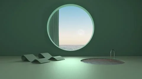 Imaginary fictional architecture, interior design of empty space with round w Stock Illustration
