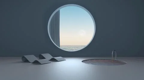 Imaginary fictional architecture, interior design of empty space with round w Stock Illustration