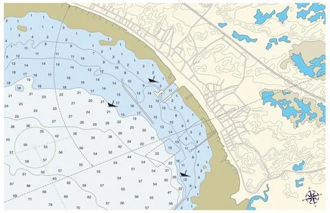 Imaginary nautical map with illustrated depiction of the coast Stock Illustration