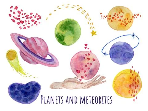 Imaginary planets and meteorites set Stock Illustration