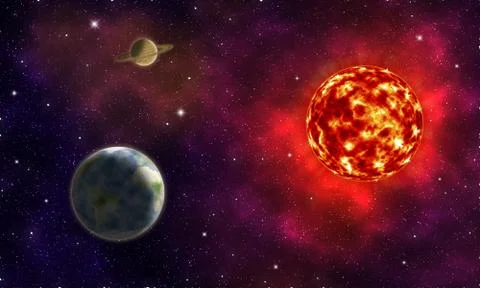 Imaginary space landscape with two planets, Earth and Saturn, near a glowing Stock Illustration