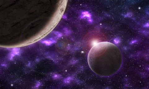 .Imaginary space landscape with two planets in a purple nebula Stock Illustration