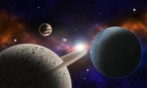 Imaginary spatial landscapes with some planets in the solar system 스톡 일러스트