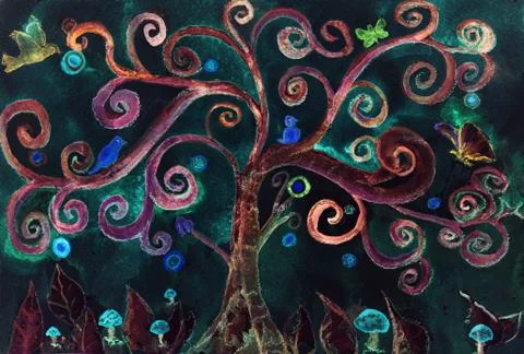 An imaginary turquoise lunatic tree against a night sky Stock Illustration