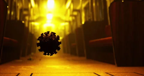 Imaginary virus floats in an empty subway train during eerie evening hours Stock Footage 318419393
