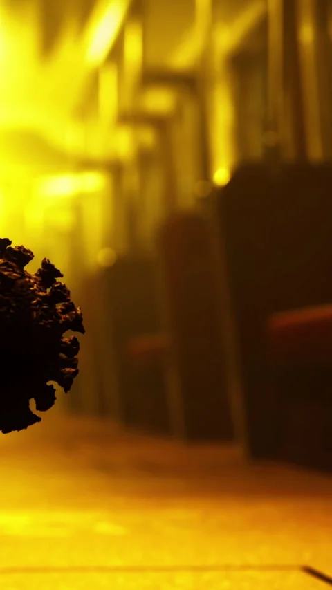 Imaginary virus floats in an empty subway train during eerie evening hours Stock Footage 329135695