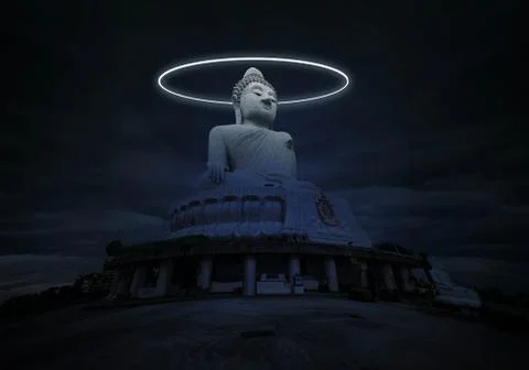Imaginary World - Big Buddha Statue Illuminated By Neon Ring Stock Illustration