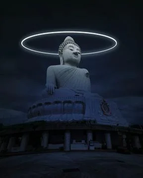 Imaginary World - Big Buddha Statue Illuminated By Neon Ring Stock Illustration
