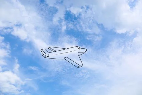 Imagination and creativity. Fluffy cloud in shape of plane with drawn outli.. Foto stock