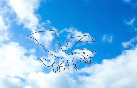 Imagination and creativity. Fluffy cloud in shape of dragon with drawn outl.. Foto stock