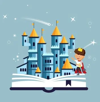 Imagination concept with opened book pink castle. Fairy, magical adventure boo Stock Illustration