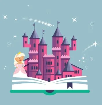 Imagination concept with opened book pink castle. Fairy, magical adventure boo Stock Illustration