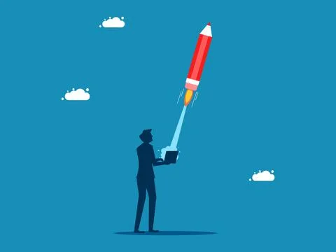 Imagination develops thinking. Businessman launches pencil rocket from laptop Stock Illustration