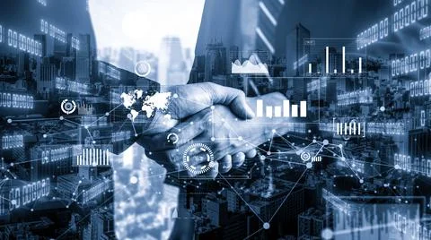 Imaginative visual business handshake with computer graphic of investment data Foto stock