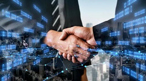 Imaginative visual business handshake with computer graphic of investment data Stock Photos