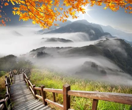 Imaging of mountain trail above the clouds on a sunny bright Stock Photos