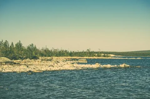 Imandra lake and tundra forest northern landscape moody scenery scandinavian  Stock Photos
