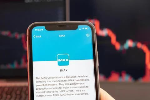 IMAX stock price decrease on the trading market with downtrend line graph bar Stock Photos