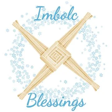 Imbolc Blessings beginning of spring pagan holiday text in a wreath of snowfl Stock Illustration