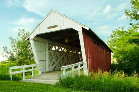 Imes Covered Bridge of Madison County appears to lean from a low angle Stock Photos