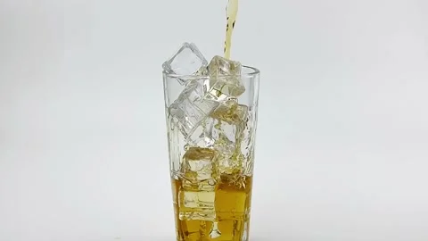 IMG 5199Pouring cold tea, lemon tea, soft Drinks, into Glass with ice Isolated Stock Footage 201717387