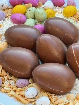 !IMG 6063 Chocolate Easter Eggs with Colorful Speckled Candy Stock Photos