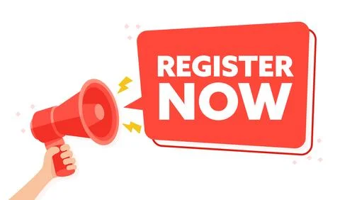 Immediate Action Required Red Megaphone Announcing Register Now Call to Action Illustrazione stock