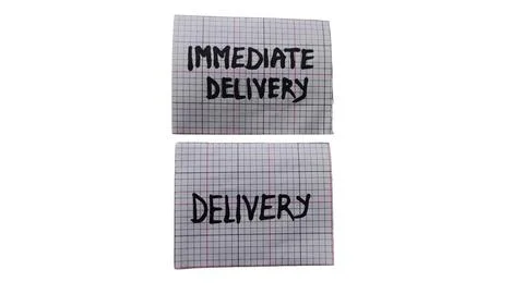 Immediate delivery sign with pixelated background effect Ilustración de archivo
