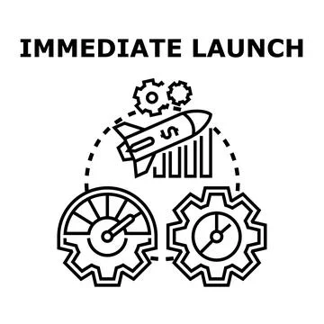 Immediate launch concept with rocket, performance meter, and gears Stock Illustration