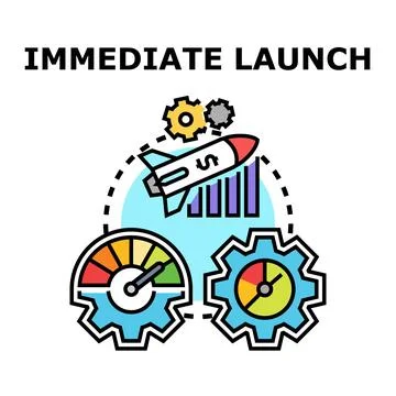 Immediate launch concept with rocket, performance meter, and gears Stock Illustration