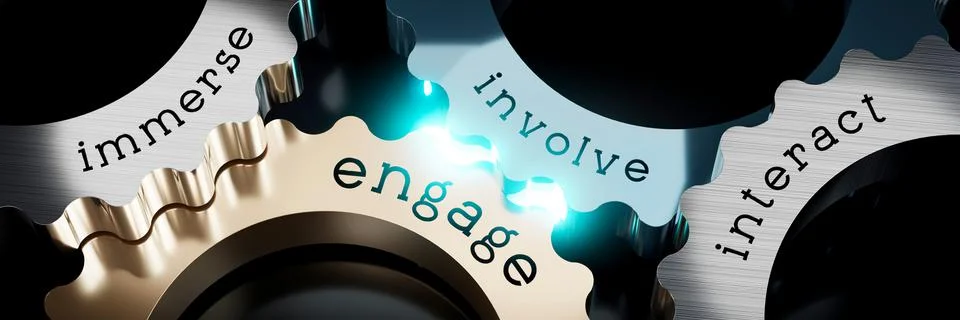 Immerse, engage, involve, interact - gears concept - 3D illustration Stock Illustration