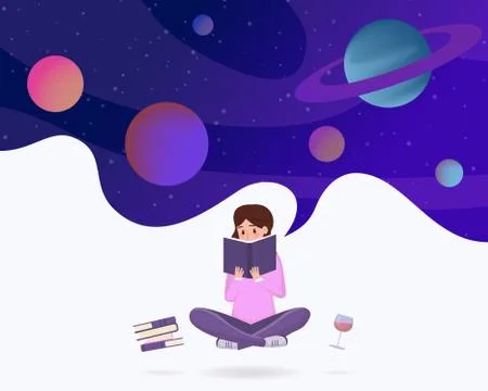 Immersed in reading metaphor vector illustration. Young girl in lotus pose Stock Illustration