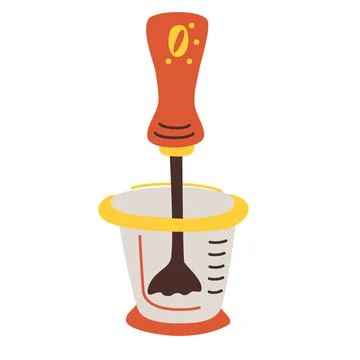 Immersion blender and beaker. Kitchen tool for cooking. Electric machine. Kit Stock Illustration