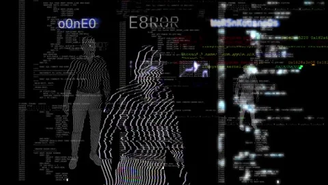 Immersion in code. Silhouettes with interference. Text with digital errors. Stock Footage 304490645