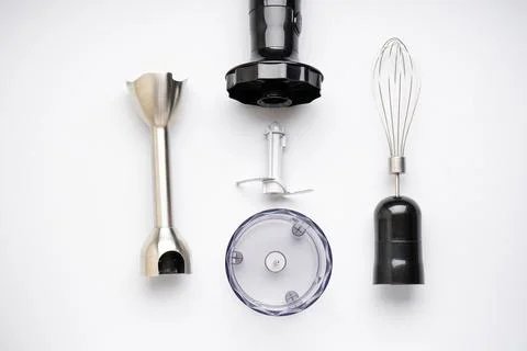 Immersion hand blender with different attachments on a white background. Top  Stock Photos