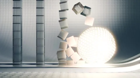 Immersive 3D animation featuring a luminous sphere and various geometric shapes Stock Footage 278291695