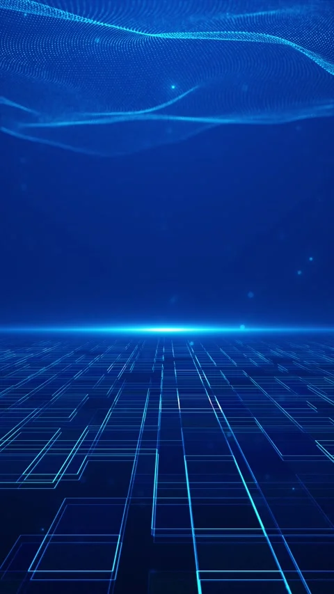 Immersive digital arena environment, luminous circuit surface, floating mesh wav Stock Footage 340553887