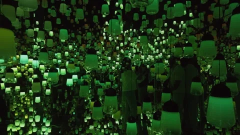 Immersive Digital Art Installation with Hanging Glowing Green Lanterns and Stock Footage 341337819