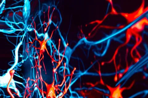 Immersive display inside brain simulation, featuring vibrant red and blue neu Stock Illustration