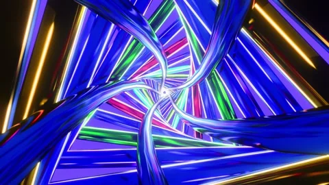 Immersive loop of a futuristic flight down a triangular tunnel with glowing blue Stock Footage 340251589