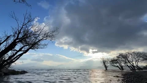 Immersive Water Level Time-lapse Dynamic Clouds Reflected on Tranquil Water Stock Footage 328334240