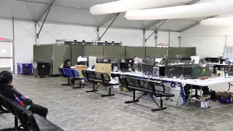 Immigrant waiting area at temporary processing facility in Donna, Texas Stock-Footage 151251857