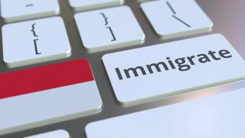 IMMIGRATE text and flag of Indonesia on the buttons on the computer keyboard Stock Illustration