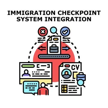 Immigration checkpoint system integration processing documents イラスト素材